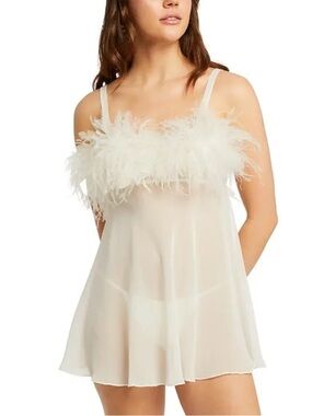 NWT Rya Collection Amalfi Feathered Babydoll Set Ivory Sheer Lingerie MSRP $160